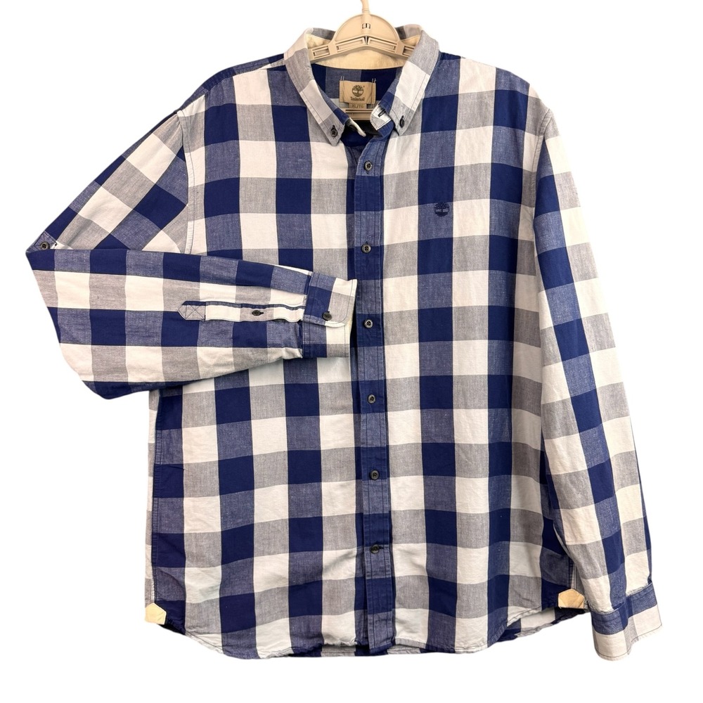 Timberland Mens XL Slim Fit Linen Cotton Buffalo Check Button Down Shirt Blue